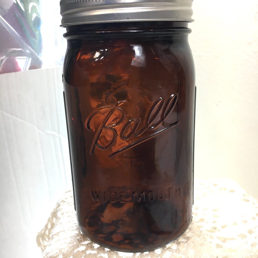 * Amber Wide Mouth Ball Mason Jar with lid Vintage